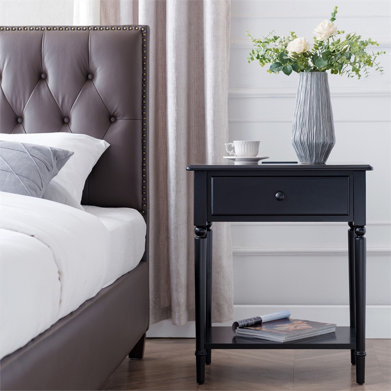 Pemberly Row Coastal Notions Wood Nightstand with AC / USB Charger in Black