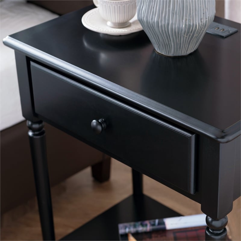 Pemberly Row Coastal Notions Wood Nightstand with AC / USB Charger in Black