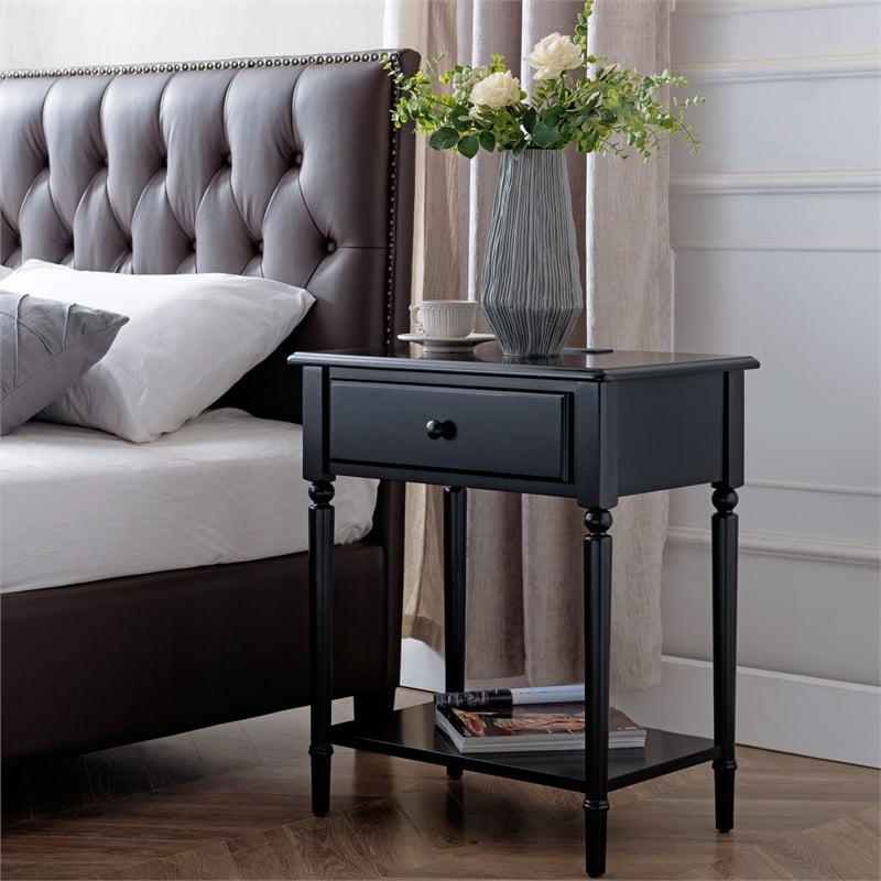 Pemberly Row Coastal Notions Wood Nightstand with AC / USB Charger in Black