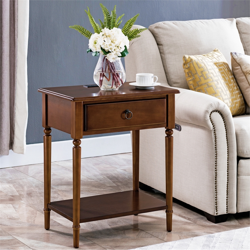 Pemberly Row Coastal Notions Wood Nightstand with AC / USB Charger in Oak