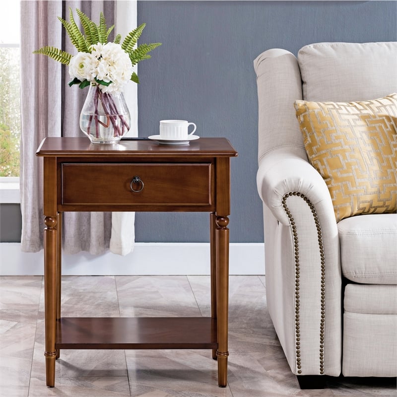 Pemberly Row Coastal Notions Wood Nightstand with AC / USB Charger in Oak