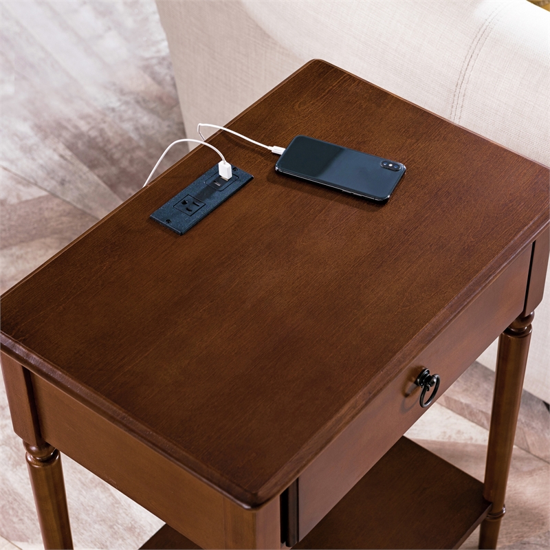 Pemberly Row Coastal Notions Wood Nightstand with AC / USB Charger in Oak