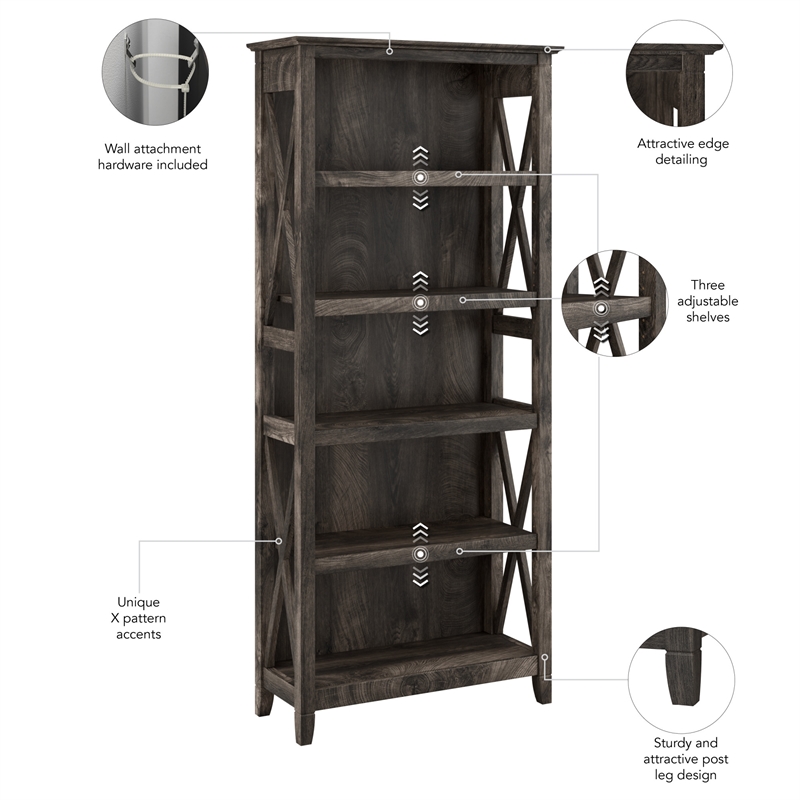 Pemberly Row 5 Shelf Bookcase Set in Dark Gray Hickory - Engineered Wood