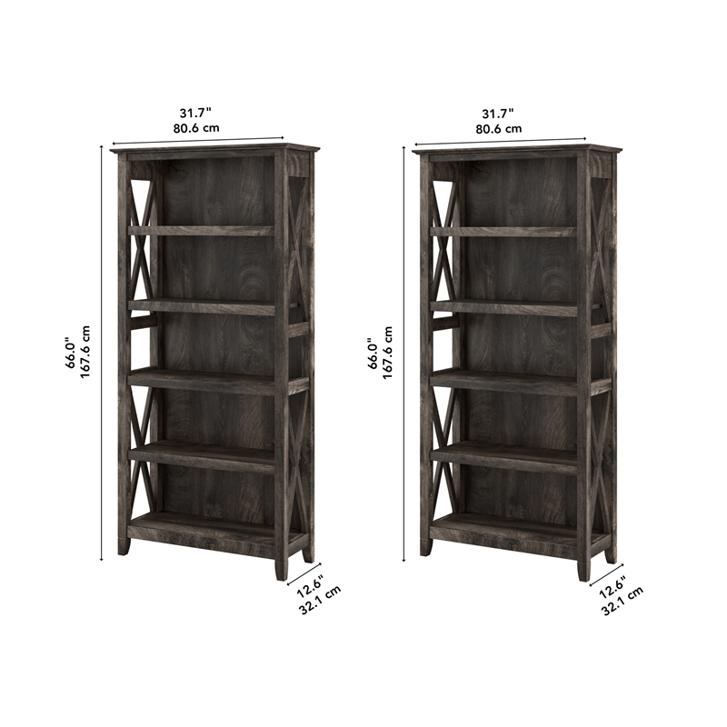 Pemberly Row 5 Shelf Bookcase Set in Dark Gray Hickory - Engineered Wood