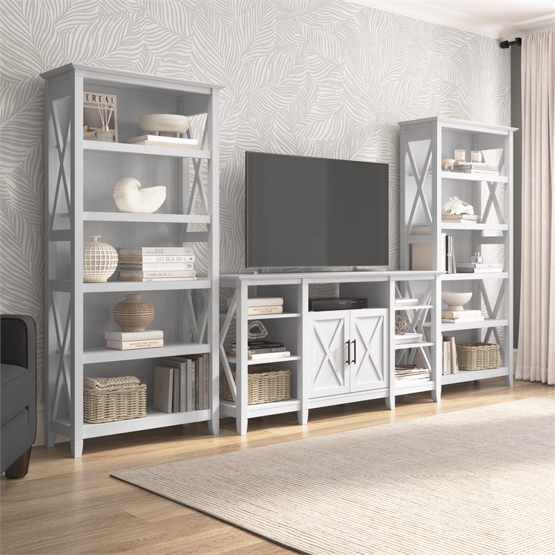 Pemberly Row Tall TV Stand with Bookcases in Pure White Oak - Engineered Wood