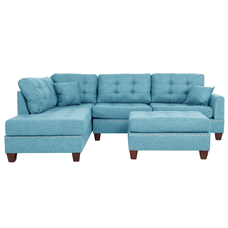 Pemberly Row 3 Piece Fabric Sectional Sofa Set with Ottoman in Blue Gray
