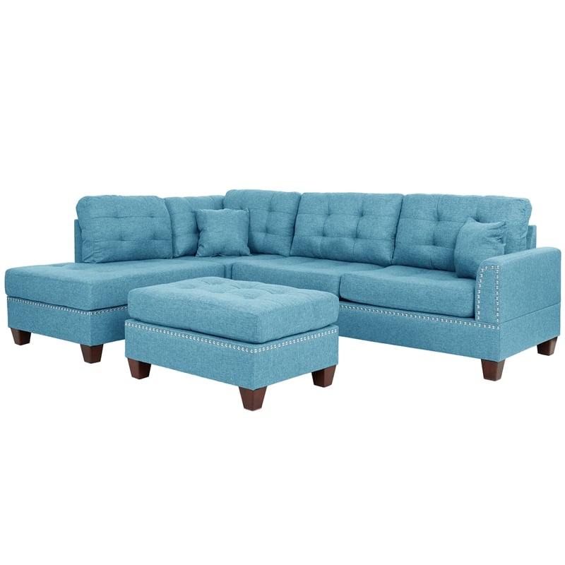 Pemberly Row 3 Piece Fabric Sectional Sofa Set with Ottoman in Blue Gray