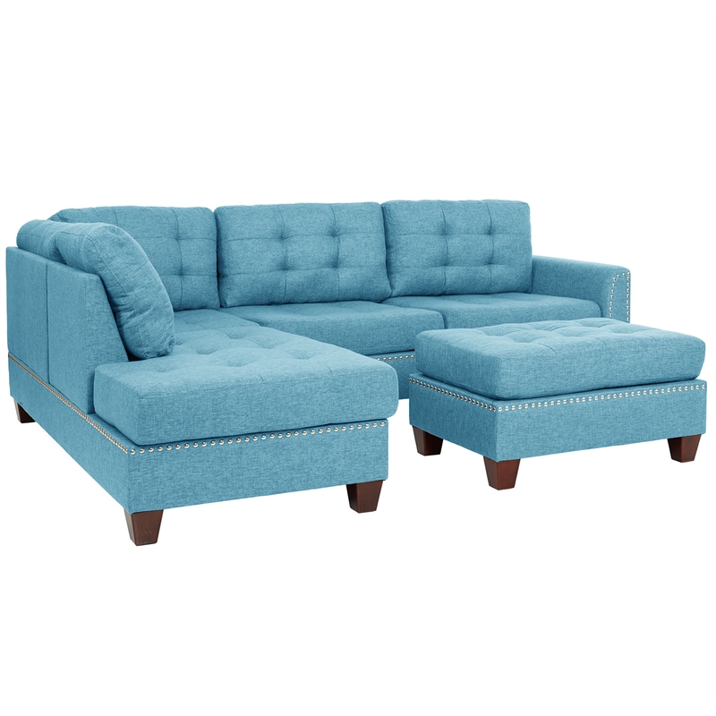 Pemberly Row 3 Piece Fabric Sectional Sofa Set with Ottoman in Blue Gray
