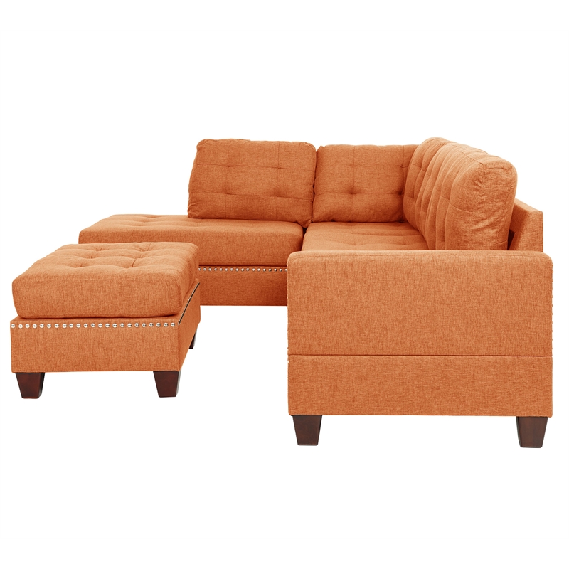 Pemberly Row 3 Piece Fabric Sectional Sofa Set with Ottoman in Citrus Orange