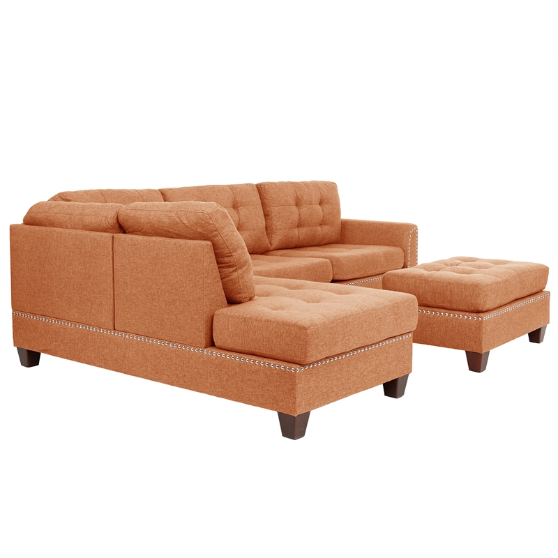 Pemberly Row 3 Piece Fabric Sectional Sofa Set with Ottoman in Citrus Orange