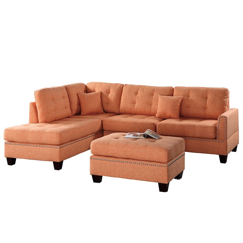 Pemberly Row 3 Piece Fabric Sectional Sofa Set with Ottoman in Citrus Orange