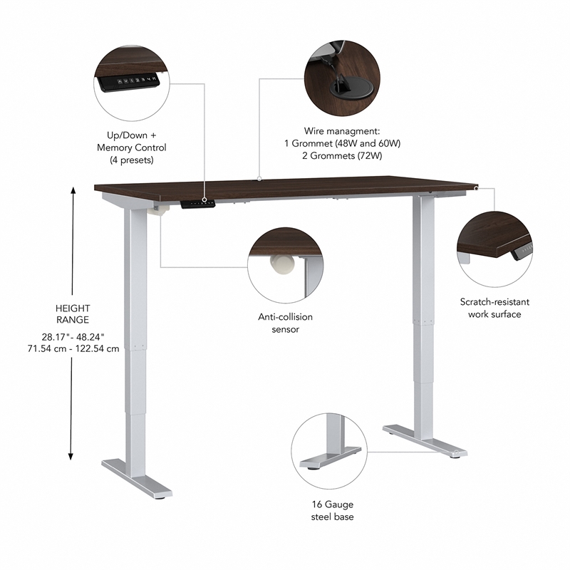 Pemberly Row 60W x 30D Adjustable Desk in Black Walnut - Engineered Wood