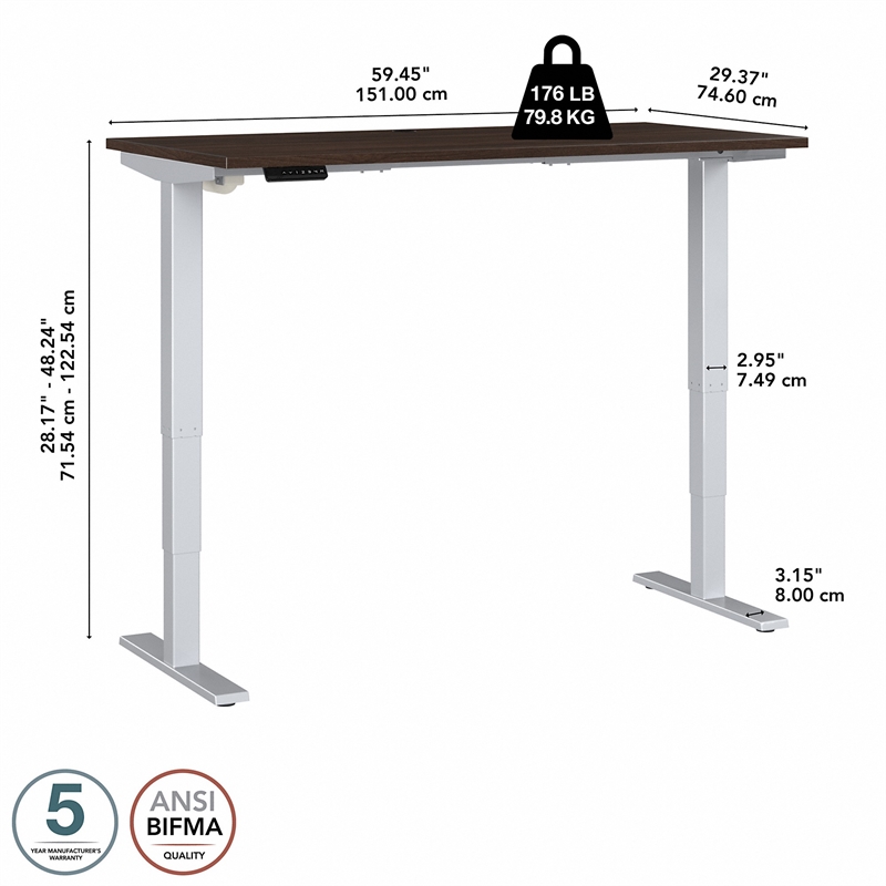 Pemberly Row 60W x 30D Adjustable Desk in Black Walnut - Engineered Wood