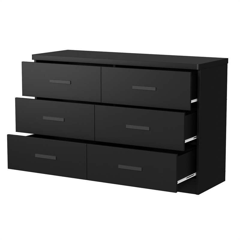 Pemberly Row Contemporary Wood 6 Drawer Double Dresser in Black