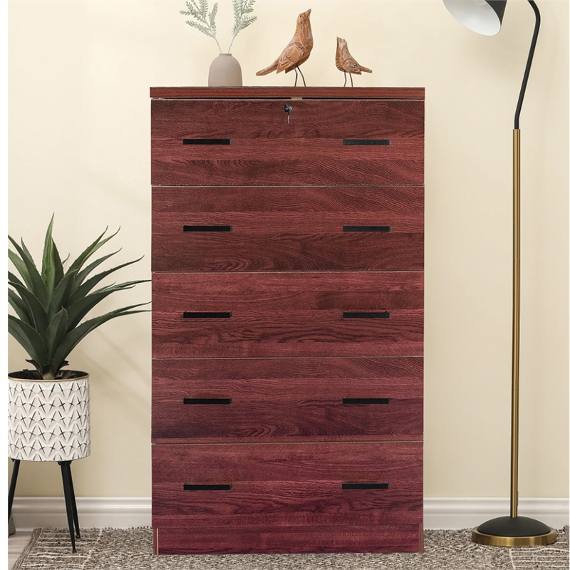 Pemberly Row Wood Tall 5 Drawer Chest Bedroom Dresser Mahogany