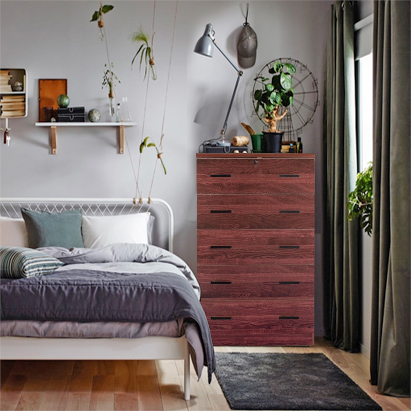 Pemberly Row Wood Tall 5 Drawer Chest Bedroom Dresser Mahogany