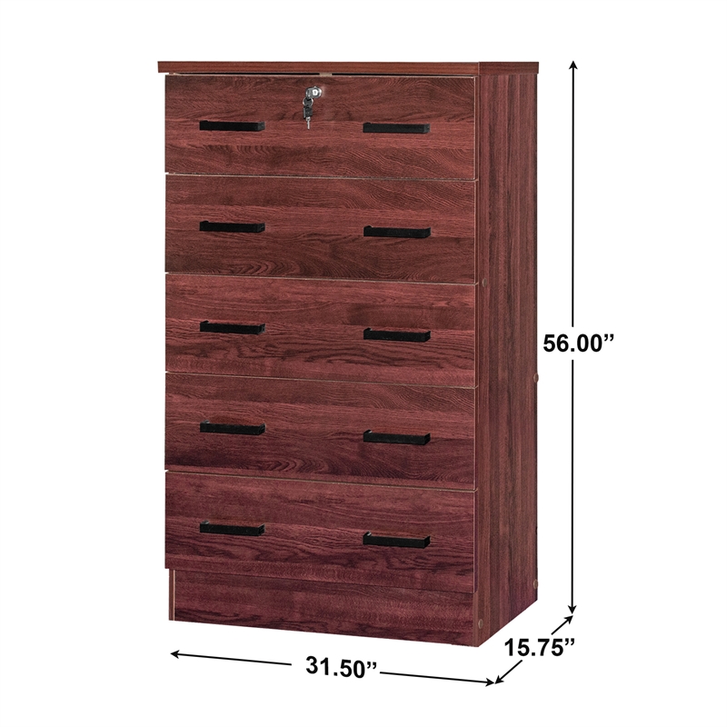 Pemberly Row Wood Tall 5 Drawer Chest Bedroom Dresser Mahogany