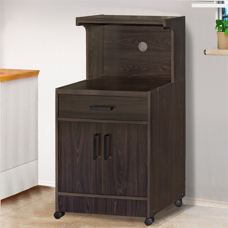 Pemberly Row Contemporary Kitchen Wood Microwave Cart in Tobacco