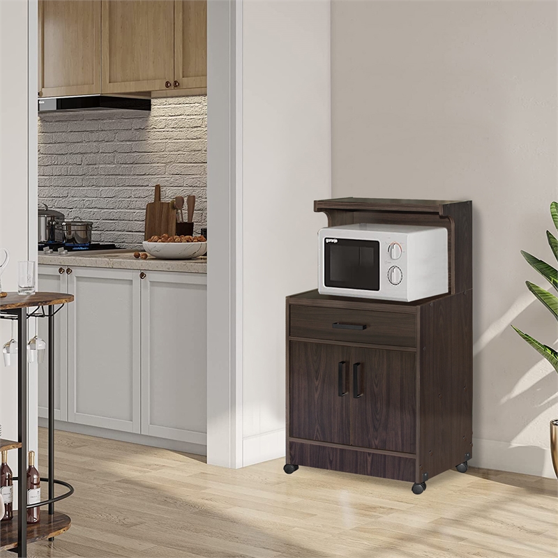 Pemberly Row Contemporary Kitchen Wood Microwave Cart in Tobacco