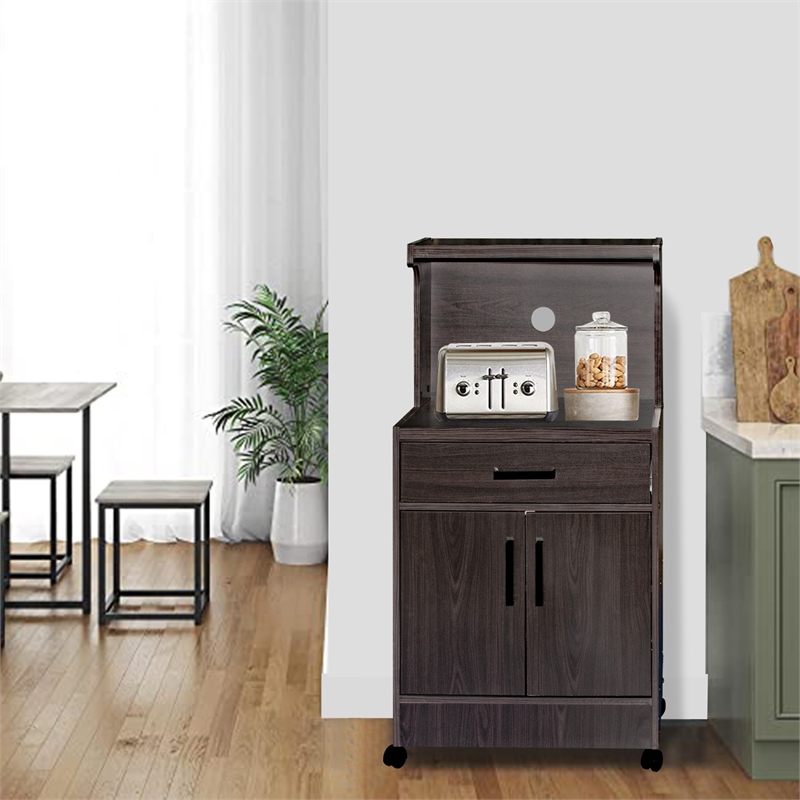 Pemberly Row Contemporary Kitchen Wood Microwave Cart in Tobacco