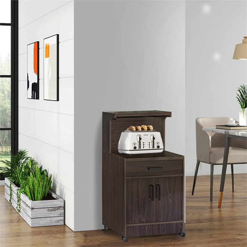 Pemberly Row Contemporary Kitchen Wood Microwave Cart in Tobacco