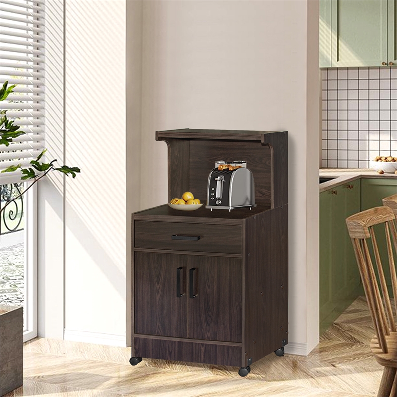 Pemberly Row Contemporary Kitchen Wood Microwave Cart in Tobacco