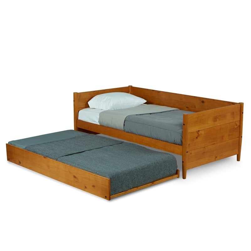 Pemberly Row Mid-Century Solid Wood Twin Daybed and Trundle Set in Brown