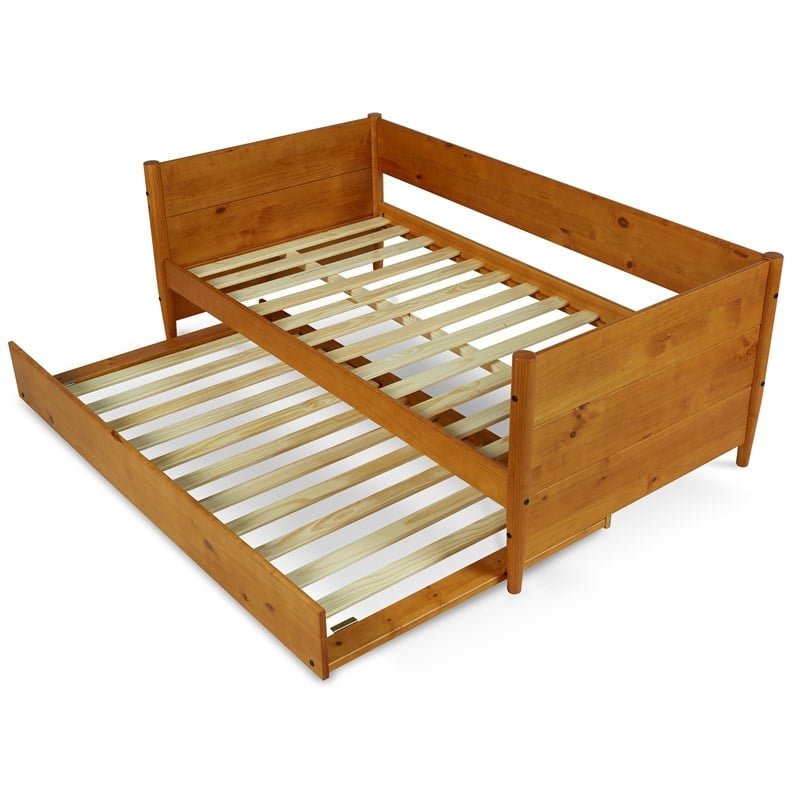 Pemberly Row Mid-Century Solid Wood Twin Daybed and Trundle Set in Brown