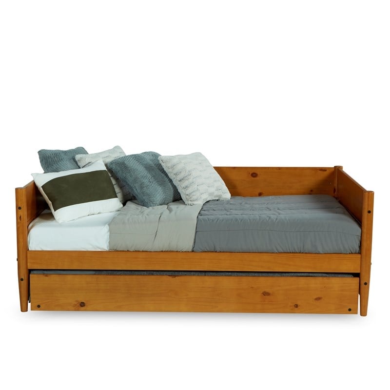 Pemberly Row Mid-Century Solid Wood Twin Daybed and Trundle Set in Brown