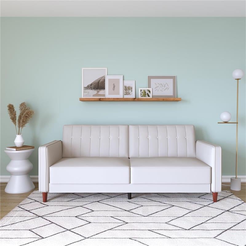 Pemberly Row Tufted Futon and Upholstered Sofa Sleeper Bed in White Faux Leather