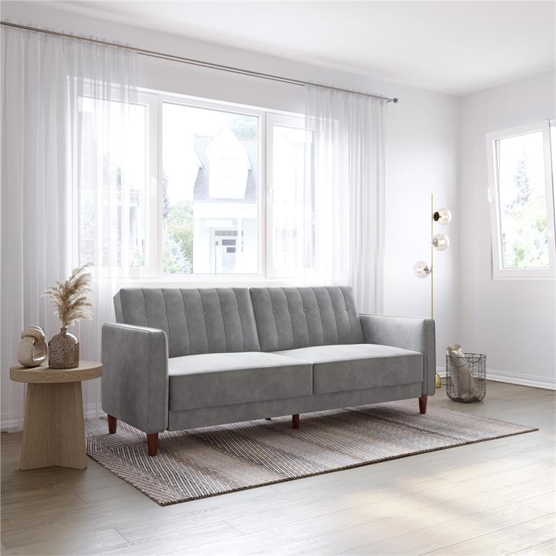 Pemberly Row Tufted Futon and Upholstered Sofa Sleeper Bed in Light Gray Velvet
