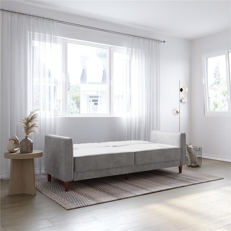 Pemberly Row Tufted Futon and Upholstered Sofa Sleeper Bed in Light Gray Velvet
