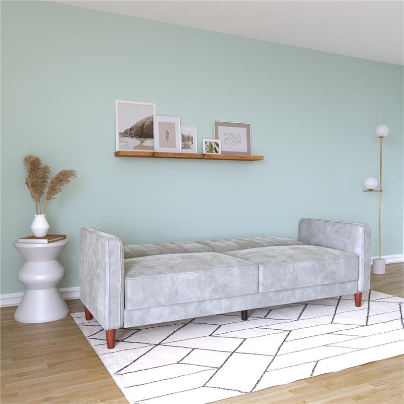 Pemberly Row Tufted Futon and Upholstered Sofa Sleeper Bed in Light Gray Velvet