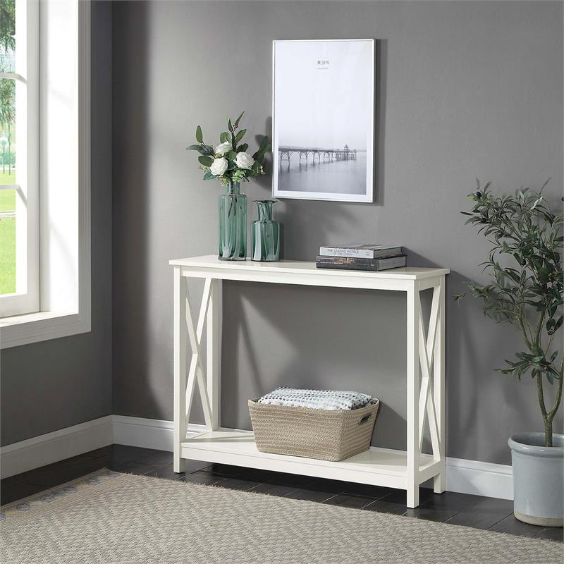 Pemberly Row Modern Console Table with Shelf in Ivory Wood Finish