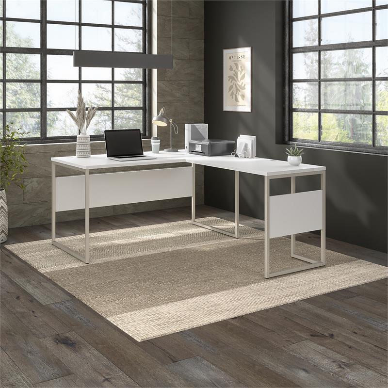 Pemberly Row 60W x 30D L Shaped Table Desk in White - Engineered Wood