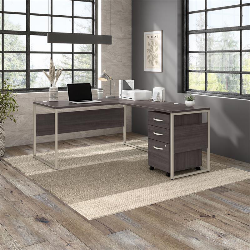 Pemberly Row Engineered Wood 60W L Shaped Table Desk with Drawers in Storm Gray