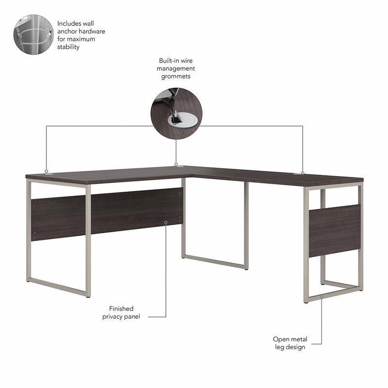 Pemberly Row Engineered Wood 60W L Shaped Table Desk with Drawers in Storm Gray