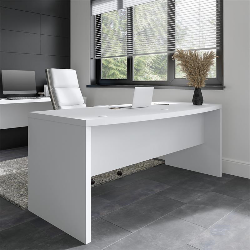 Pemberly Row 72W Bow Front Desk in Pure White - Engineered Wood