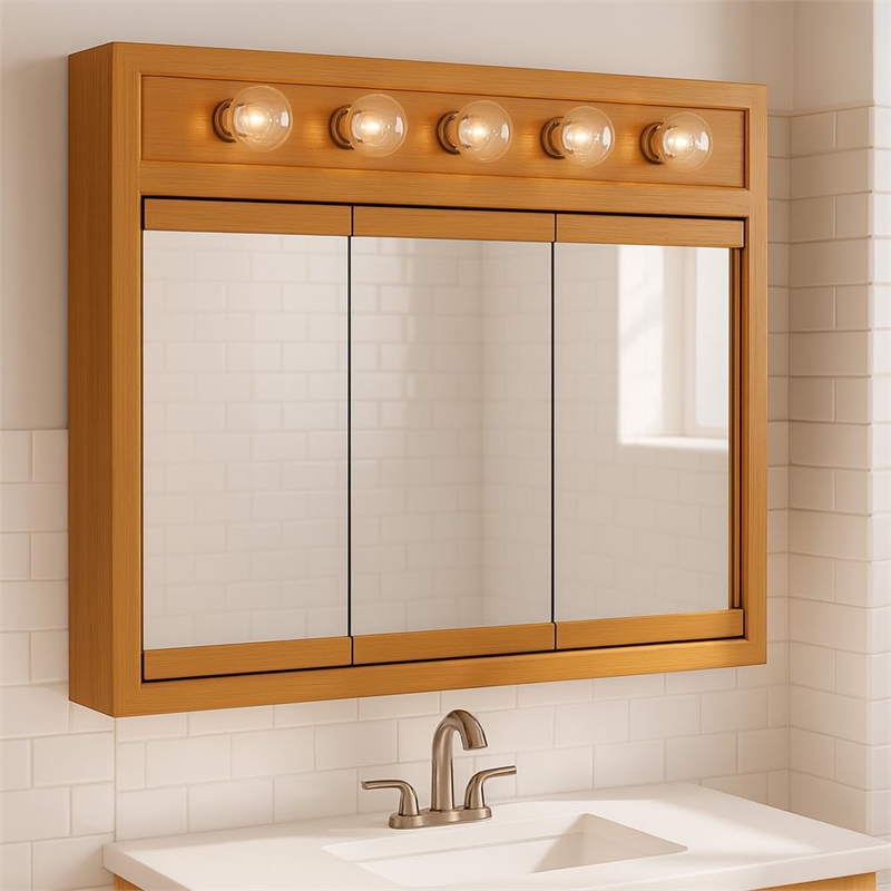 Pemberly Row 36-Inch Wood Medicine Cabinet with Lights in Nutmeg Oak