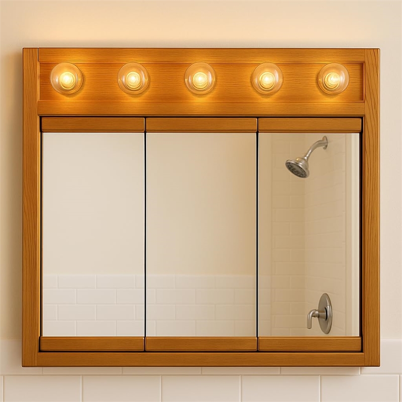 Pemberly Row 36-Inch Wood Medicine Cabinet with Lights in Nutmeg Oak