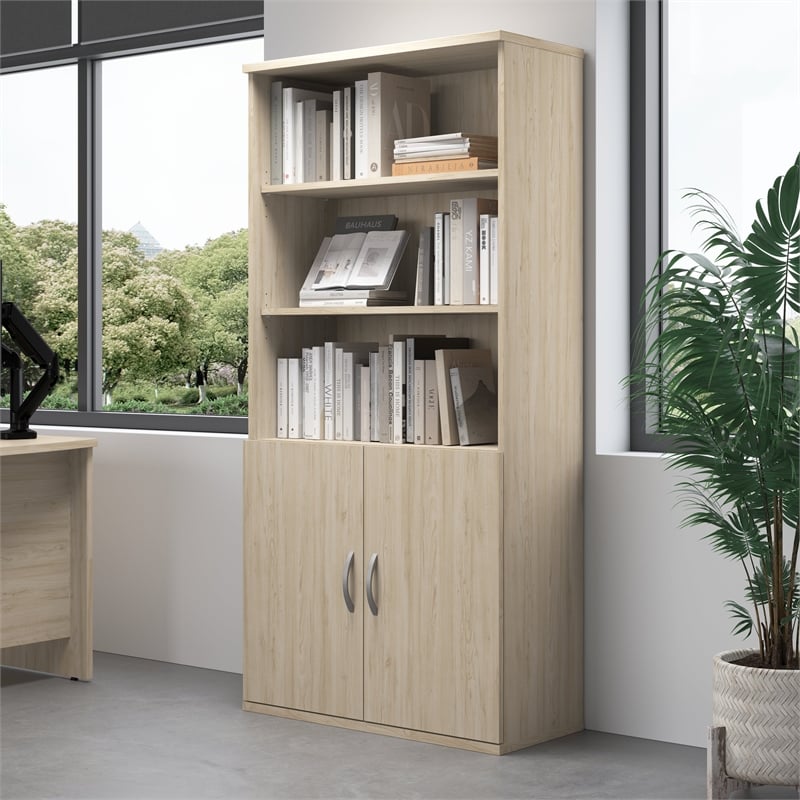 Pemberly Row Tall 5 Shelf Bookcase with Doors in Natural Elm - Engineered Wood