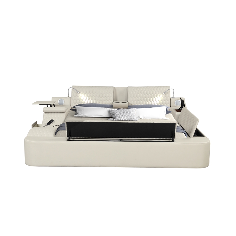 Pemberly Row Smart Multifunctional Queen Size Bed Made with Wood in Beige Color