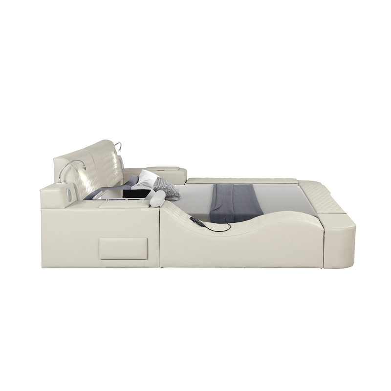 Pemberly Row Smart Multifunctional Queen Size Bed Made with Wood in Beige Color