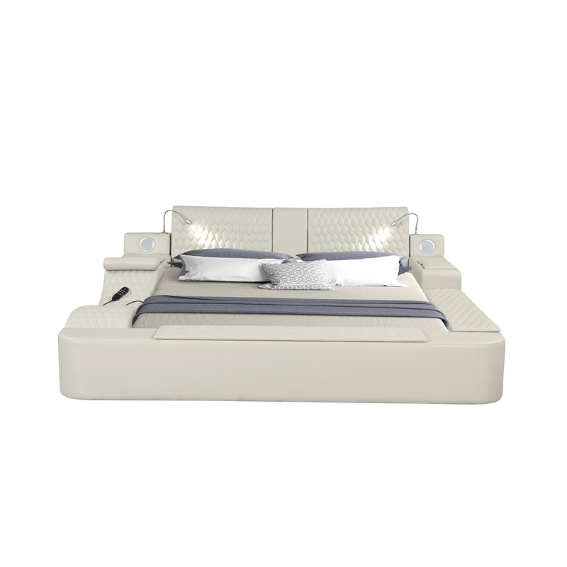 Pemberly Row Smart Multifunctional Queen Size Bed Made with Wood in Beige Color