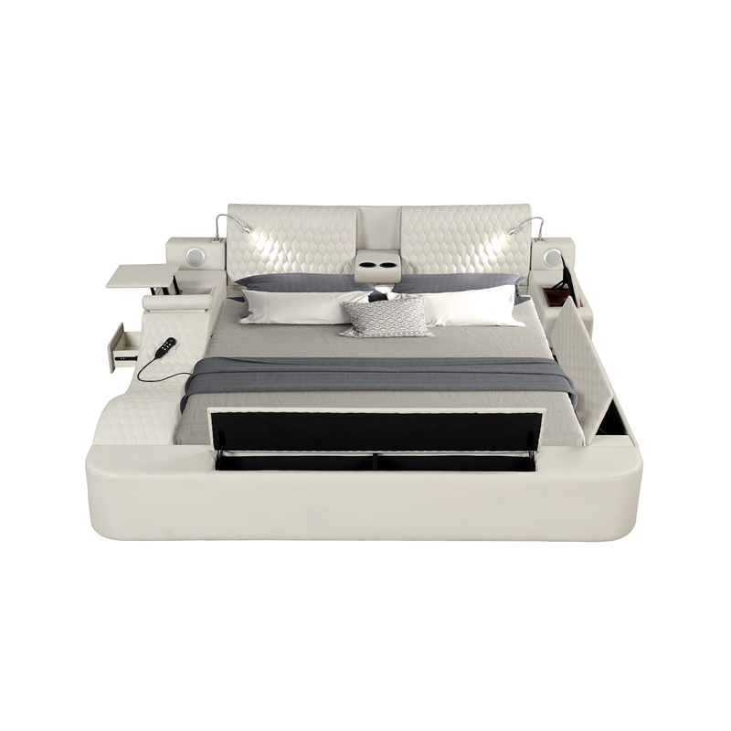 Pemberly Row Smart Multifunctional Queen Size Bed Made with Wood in Beige Color