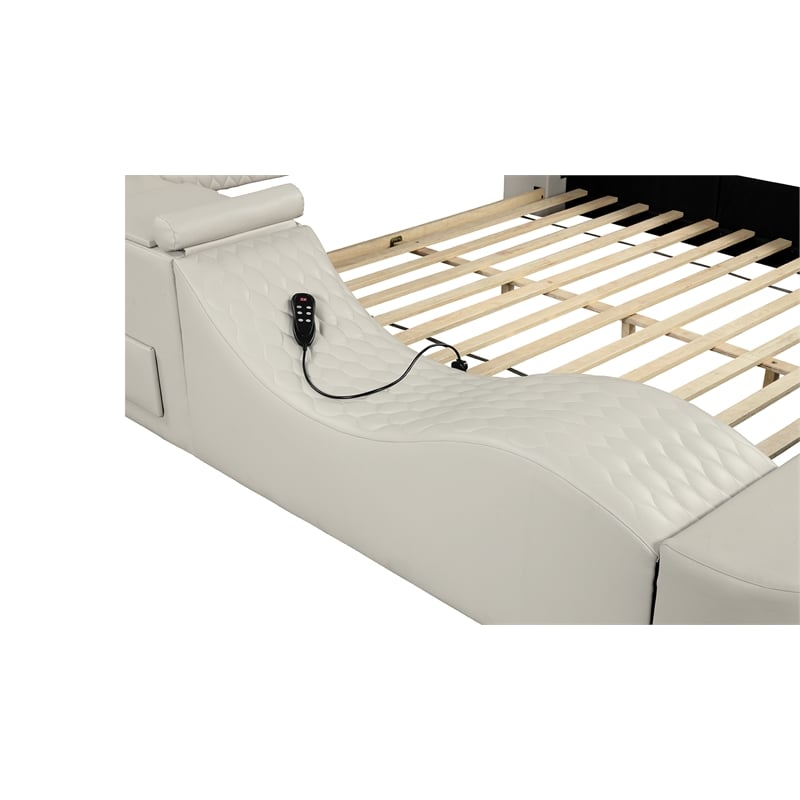 Pemberly Row Smart Multifunctional Queen Size Bed Made with Wood in Beige Color