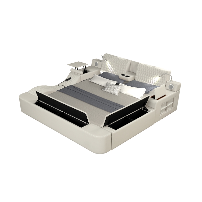 Pemberly Row Smart Multifunctional Queen Size Bed Made with Wood in Beige Color