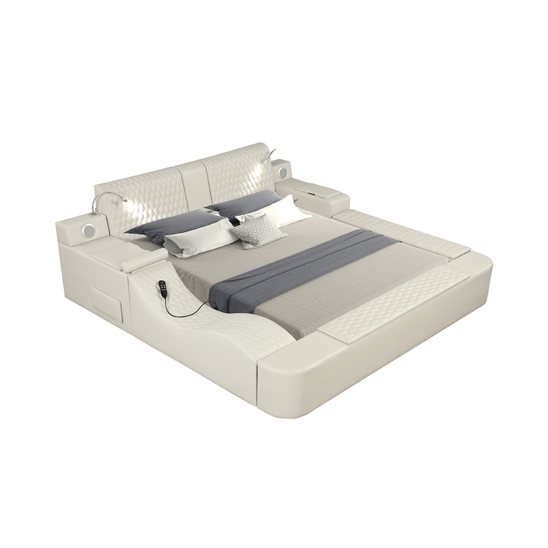 Pemberly Row Smart Multifunctional Queen Size Bed Made with Wood in Beige Color