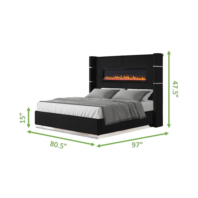 Pemberly Row Upholstery Wood King Bed with Ambient lighting in Black Velvet