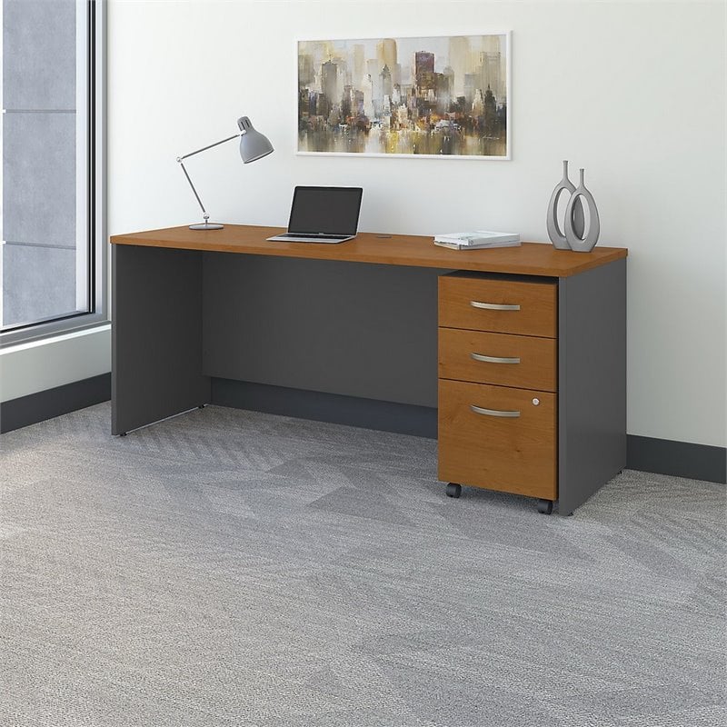 Pemberly Row Engineered Wood 72W x 24D Office Desk with Drawers - Natural Cherry